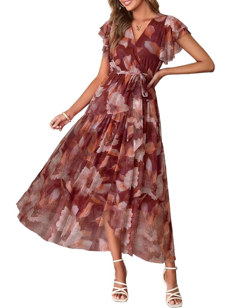 Women's Red Short Sleeve V Neck Belted Mesh Floral Imported Maxi Dress